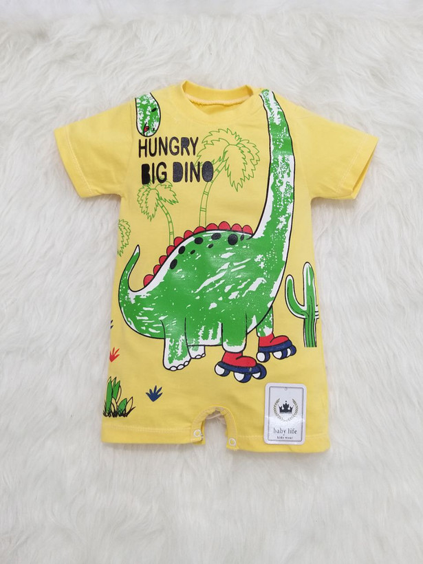 رامپر پنبه طرح دایناسور سایزبندی 1 تا 4 مناسب سایز 3 ماه تا 3 سال رنگبندی فقط زرد