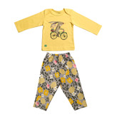 سرویس تکهباز نوزادی دخترانه پنبهای طرح خرگوش و دوچرخه – نمای کامل بلوز و شلوار ست