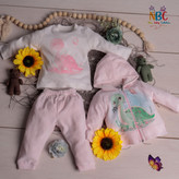 خرید لباس 3 تکه مخمل بچگانه طرح دایناسور مناسب بدو تولد تا 6 ماه رنگبندی سبز، صورتی و طوسی