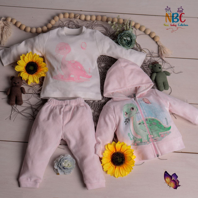 خرید لباس 3 تکه مخمل بچگانه طرح دایناسور مناسب بدو تولد تا 6 ماه رنگبندی سبز، صورتی و طوسی