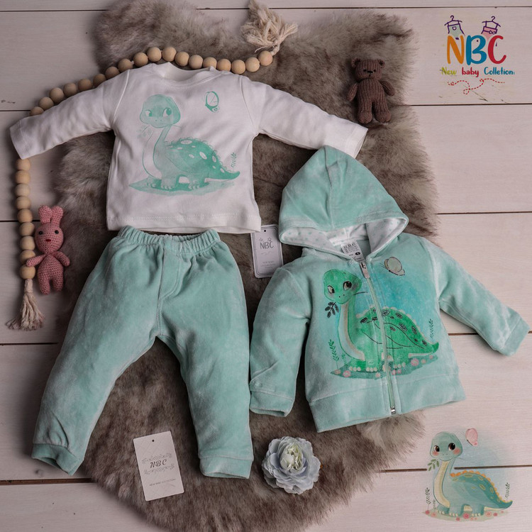 خرید لباس 3 تکه مخمل بچگانه طرح دایناسور مناسب بدو تولد تا 6 ماه رنگبندی سبز، صورتی و طوسی