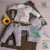 خرید لباس 3 تکه مخمل بچگانه طرح دایناسور مناسب بدو تولد تا 6 ماه رنگبندی سبز، صورتی و طوسی