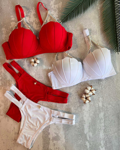 ست سوتین اسفنجی صدفی فنردار قرمز سفید