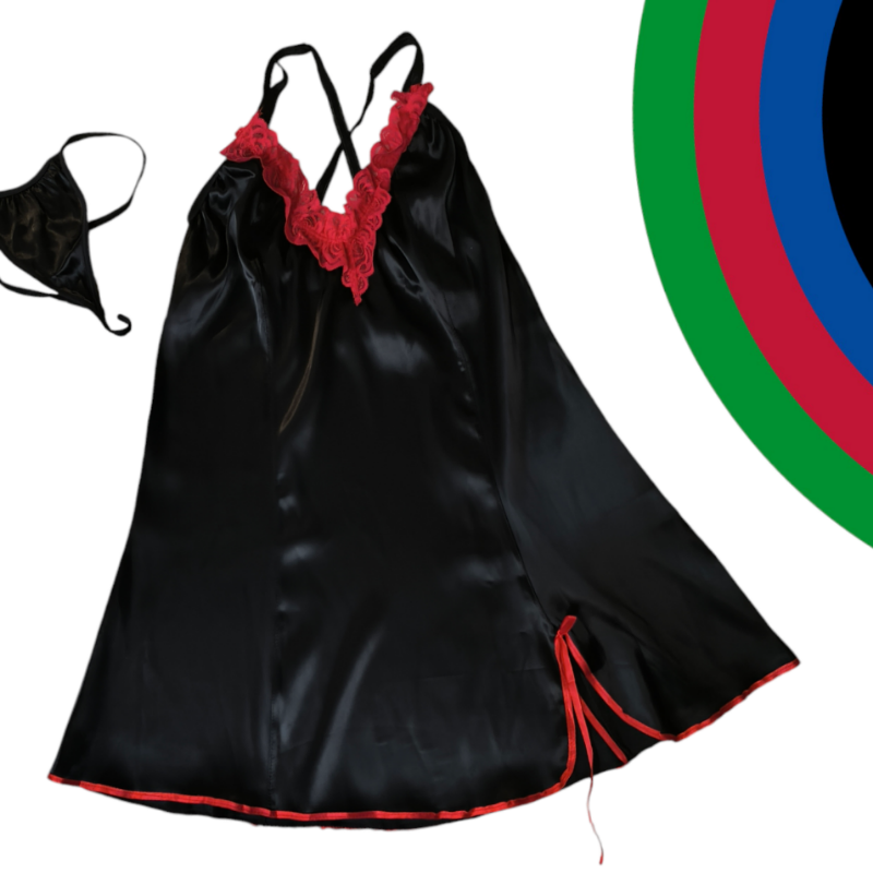 لباس خواب ساتن جلوی کار چاک و دانتل داره