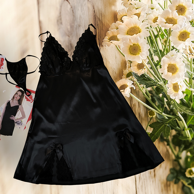 لباس خواب ساتن جلوی کار دوتا پاپیون داره