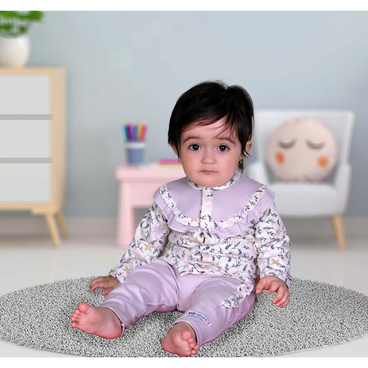 خرید سرویس باز دخترانه پنبه بی بی سان طرح یاسی سایزبندی 0 تا 3 مناسب بدو تولد تا یکسالگی