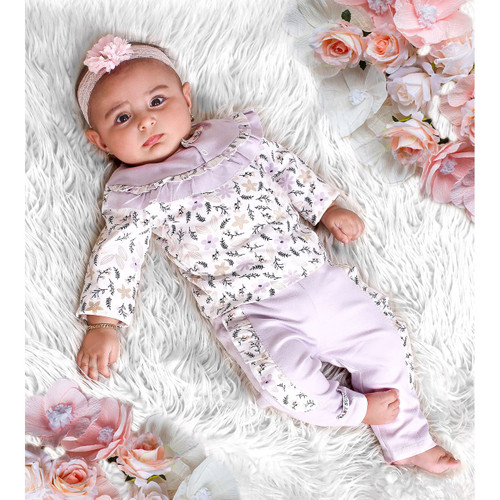 خرید سرویس باز دخترانه پنبه بی بی سان طرح یاسی سایزبندی 0 تا 3 مناسب بدو تولد تا یکسالگی