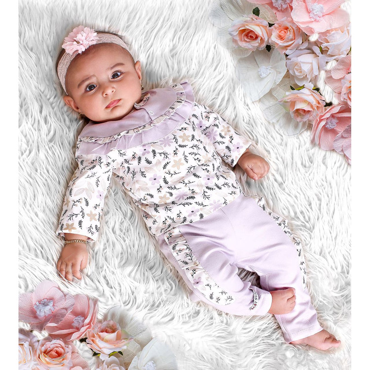 خرید سرویس باز دخترانه پنبه بی بی سان طرح یاسی سایزبندی 0 تا 3 مناسب بدو تولد تا یکسالگی