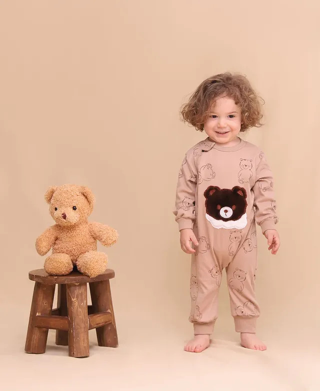 سرهمی پسرانه نوزادی جنس پنبه طرح گلدوزی تدی بغل دکمه دار مناسب نوزاد تا 24 ماهگی قهوه ای