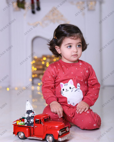 سرهمی نوزادی جنس پنبه دورو طرح گربه مناسب سایز بدو تولد تا دوسالگی رنگبندی فقط آلبالویی