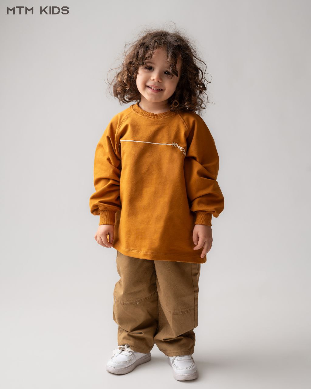 خرید ست مجلسی دورس پنبه و شلوار بگی کتان طرح Whatever مناسب 2 تا 5 سال رنگ زیتونی و خردلی