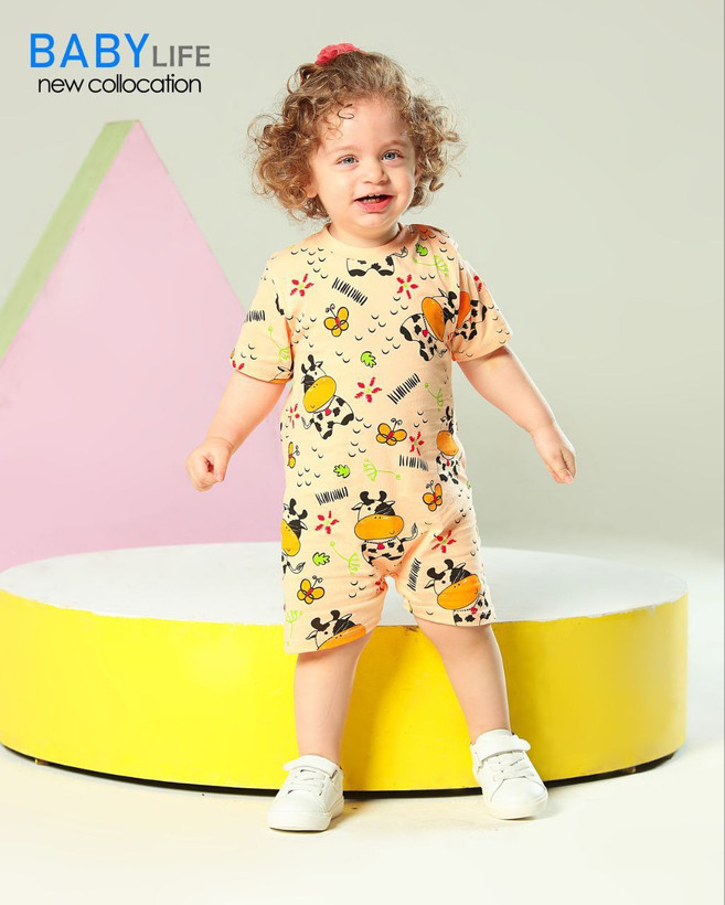 رامپر دخترونه پنبه طرح گاو و پروانه مناسب نوزاد تا 2 سال سایز 1 تا 4 رنگ گلبهی