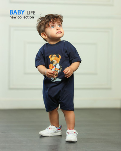 رامپر پسرانه پنبه طرح تدی 🐻 سایزبندی 1 تا 4 مناسب نوزاد تا یکسال و نیم رنگ سورمه ای