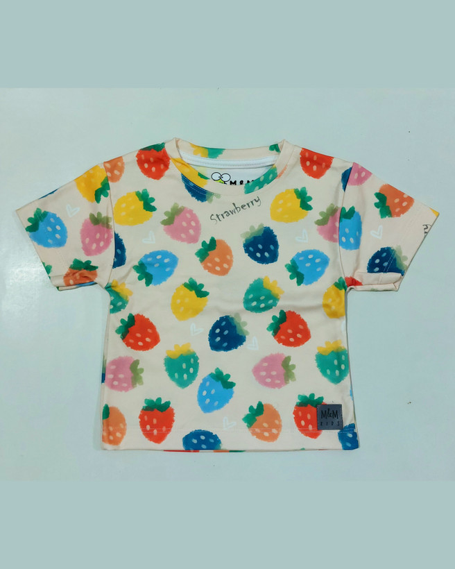 خرید تیشرت و شلوارک پنبه راحتی بچگونه طرح توت فرنگی سایزبندی 35 الی 60 مناسب 1 تا 8 سالگی