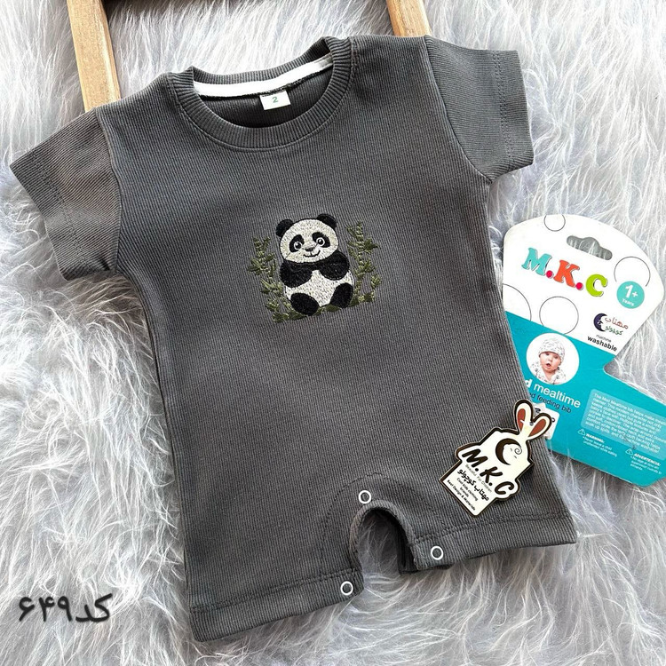 خرید رامپر نوزادی پارچه بیسکوییتی خنک گلدوزی پاندا | مناسب 3 تا 24 ماهگی