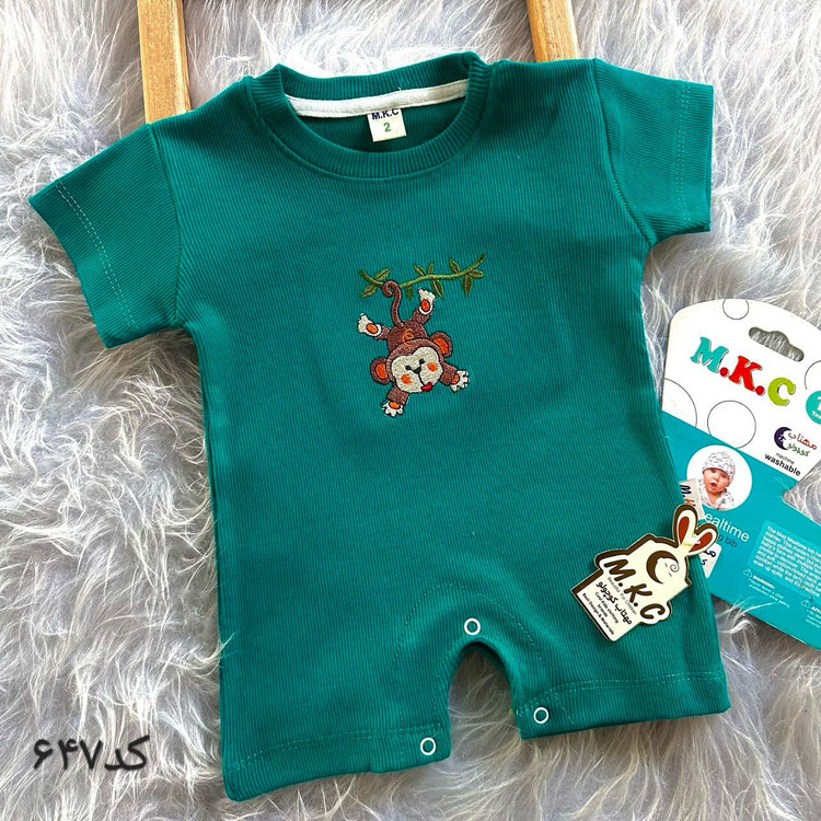 خرید رامپر نوزادی پارچه بیسکوییتی خنک گلدوزی میمون | مناسب 3 تا 24 ماهگی