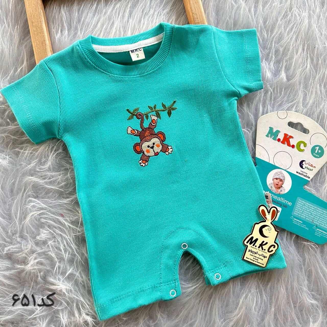 خرید رامپر نوزادی پارچه بیسکوییتی خنک گلدوزی میمون | مناسب 3 تا 24 ماهگی