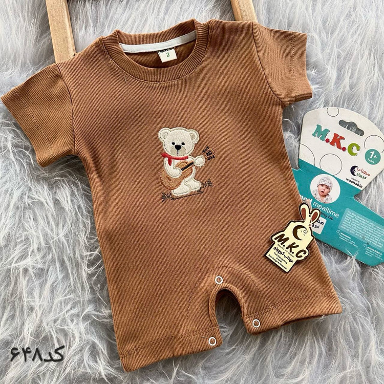 خرید رامپر نوزادی پارچه بیسکوییتی خنک گلدوزی تدی | مناسب 3 تا 24 ماهگی