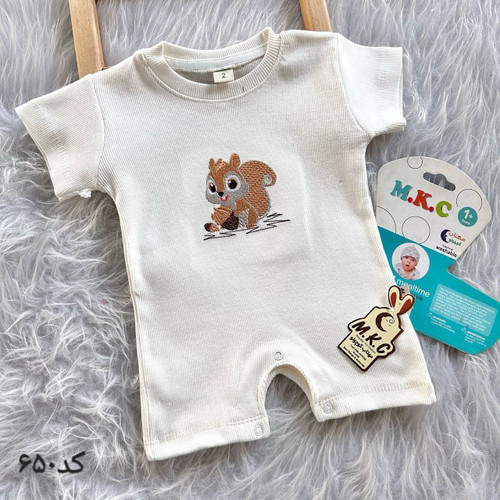 خرید رامپر نوزادی پارچه بیسکوییتی خنک گلدوزی سنجاب | مناسب 3 تا 24 ماهگی