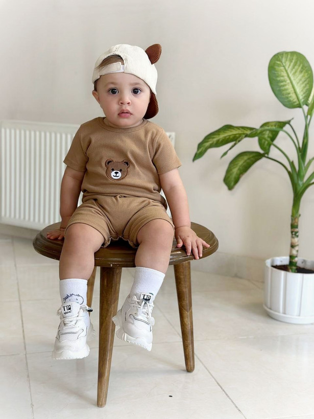 خرید رامپر نوزادی پارچه بیسکوییتی خنک گلدوزی Teddy | مناسب 3 تا 24 ماهگی