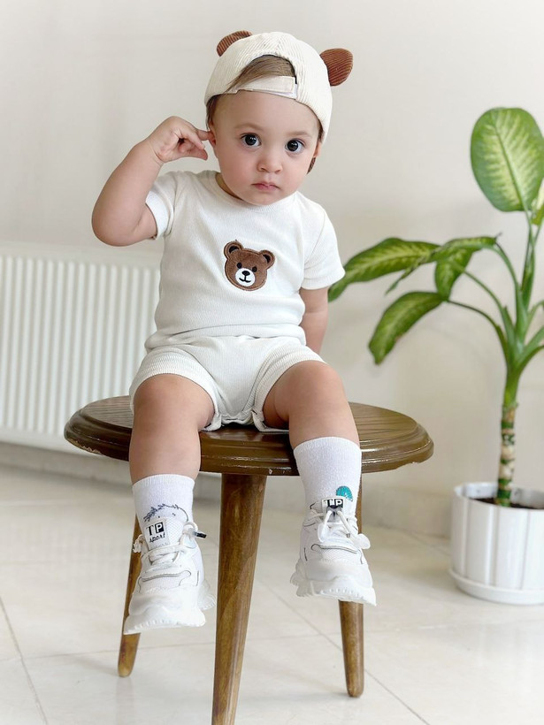 خرید رامپر نوزادی پارچه بیسکوییتی خنک گلدوزی Teddy | مناسب 3 تا 24 ماهگی