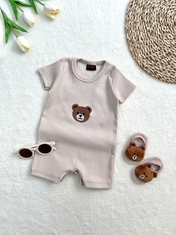 خرید رامپر نوزادی پارچه بیسکوییتی خنک گلدوزی Teddy | مناسب 3 تا 24 ماهگی