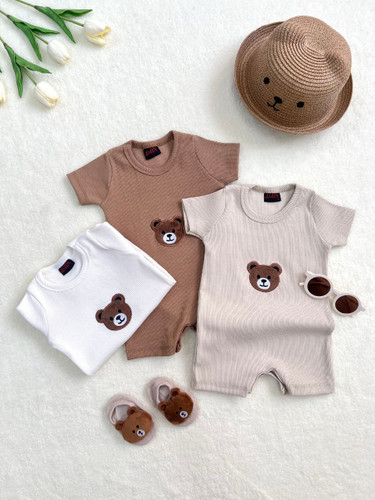 خرید رامپر نوزادی پارچه بیسکوییتی خنک گلدوزی Teddy | مناسب 3 تا 24 ماهگی