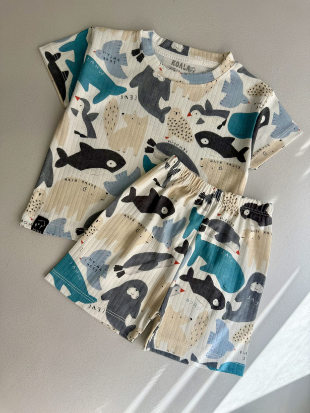 خرید تیشرت و شلوارک راحتی بچگونه جنس پنبه طرح حیوانات قطبی مناسب 1.5 تا 8 سالگی، 35 تا 60