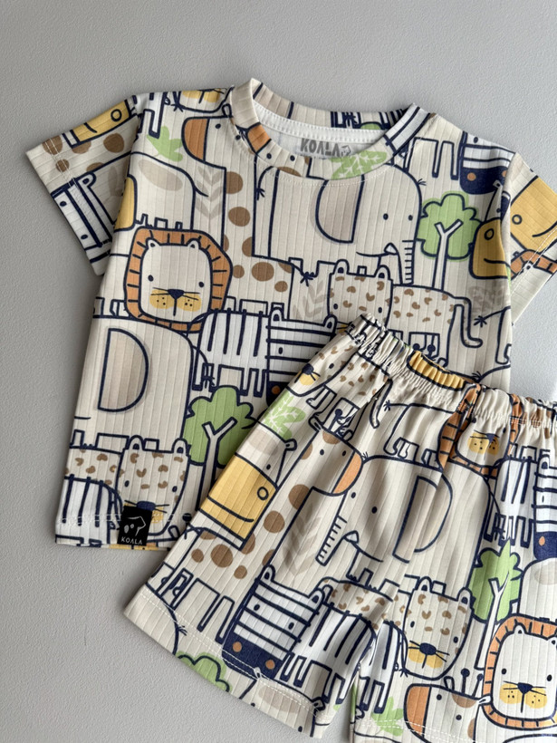 خرید تیشرت و شلوارک راحتی بچگونه جنس پنبه طرح حیوانات پازلی مناسب 1.5 تا 8 سالگی، 35 تا 60