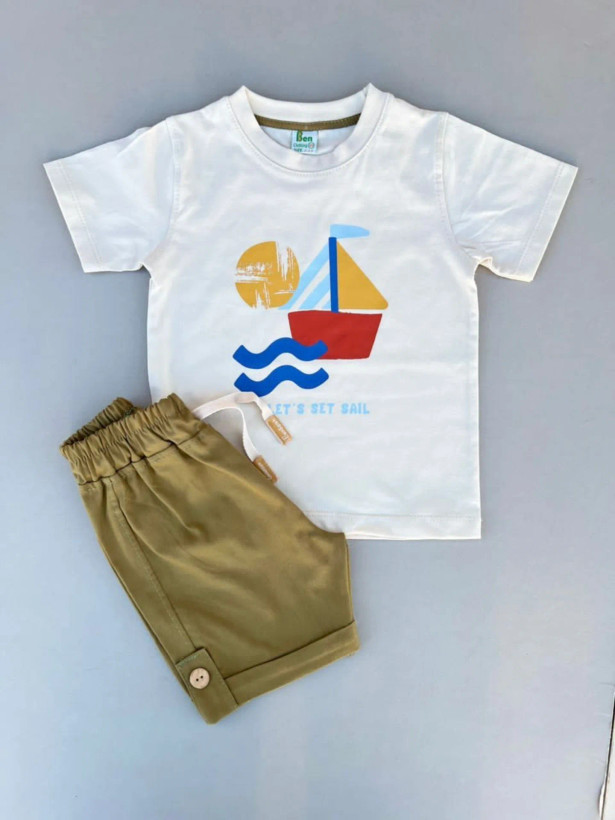 خرید ست تیشرت و شلوارک بچگانه طرح قایق - سایز 40 و 45 | {بن صالح} فروشگاه پوشاک بی بی ست رنگ کرمی