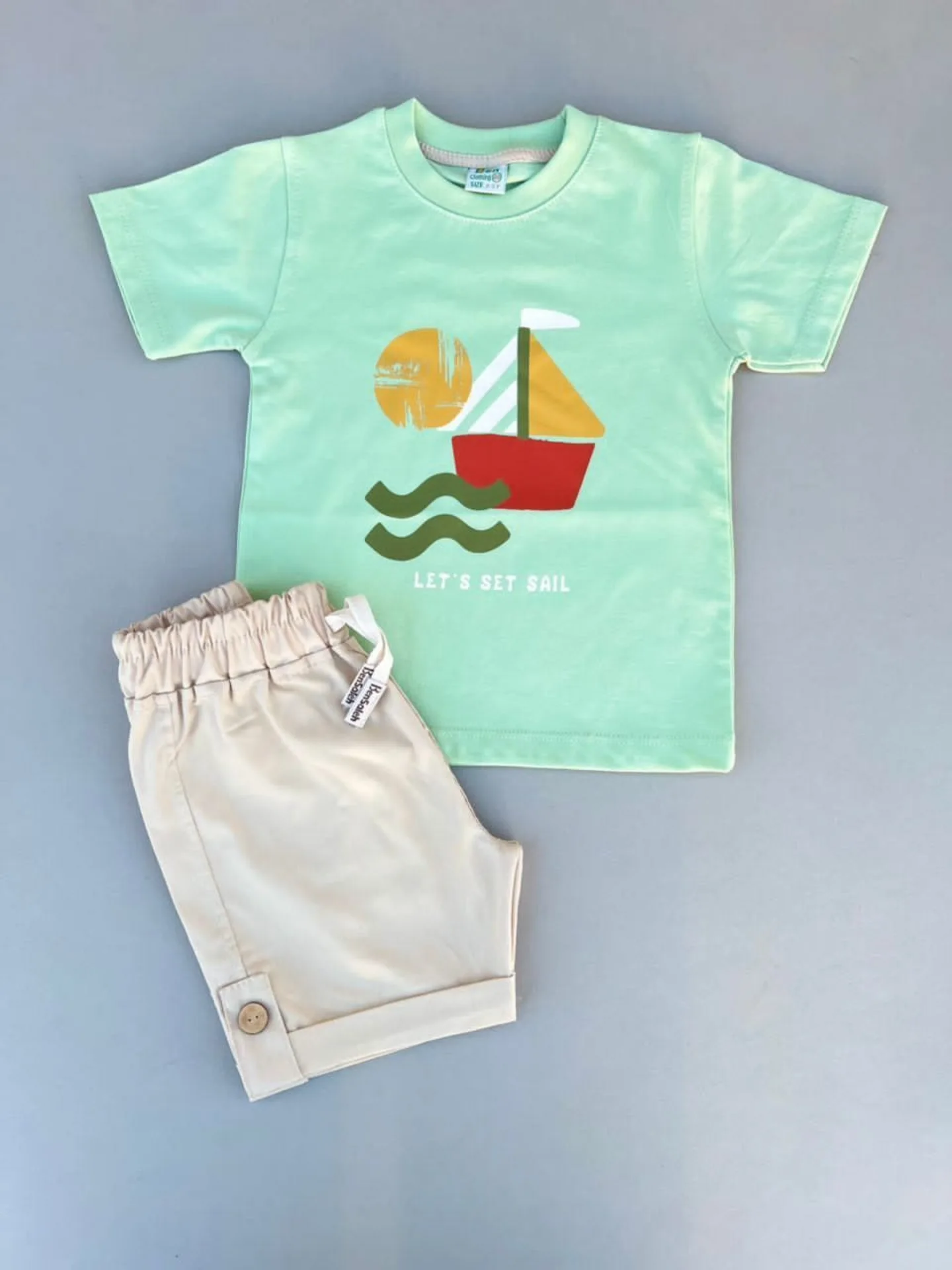 خرید ست تیشرت و شلوارک بچگانه طرح قایق - سایز 40 و 45 | {بن صالح} فروشگاه پوشاک بی بی ست رنگ سبز ماچا
