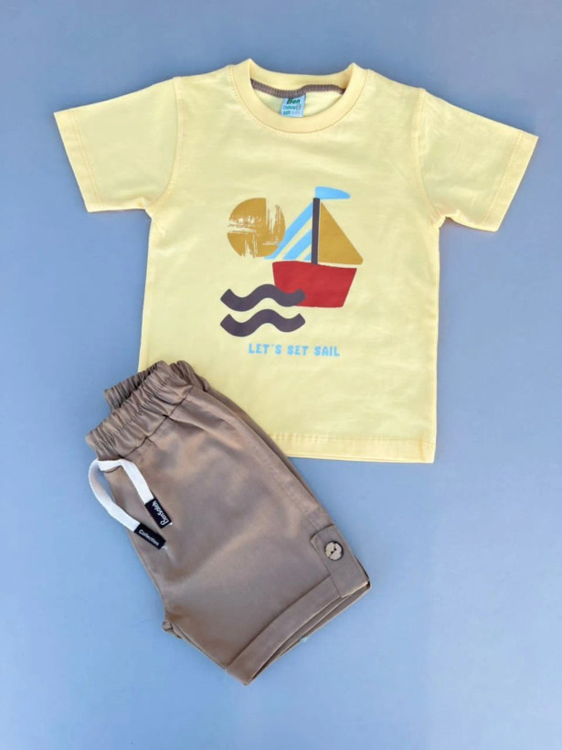 خرید ست تیشرت و شلوارک بچگانه طرح قایق - سایز 40 و 45 | {بن صالح} فروشگاه پوشاک بی بی ست رنگ زرد کره ای