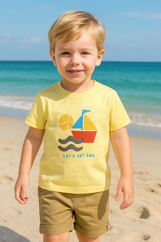 خرید ست تیشرت و شلوارک بچگانه طرح قایق - سایز 40 و 45 | {بن صالح} فروشگاه پوشاک بی بی ست رنگ زرد کره ای