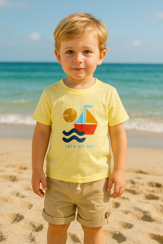 خرید ست تیشرت و شلوارک بچگانه طرح قایق - سایز 40 و 45 | {بن صالح} فروشگاه پوشاک بی بی ست رنگ زرد کره ای