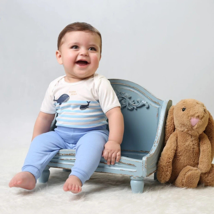 خرید سیسمونی پسرانه بادی و شلوار پنبهای نوزادی | ست مناسب نوزاد تا یک سالگی | طرح نهنگ