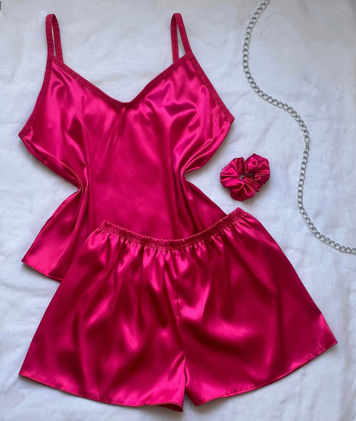 ست نیم ته شورتک ساتن سرخابی