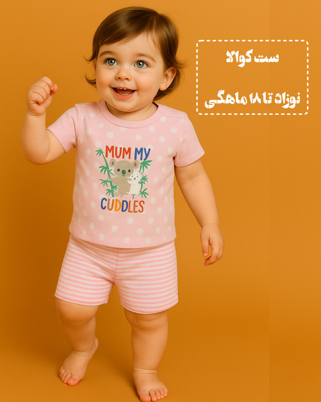 سرویس تکه باز پنبه دخترانه طرح کوالا سایز 1تا 4 مناسب نوزاد تا 18ماه رنگبندی مطابق تصوی