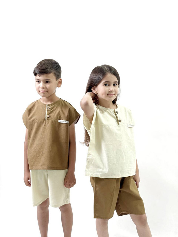 خرید تیشرت و شلوارک بچگانه لینن خنک | مناسب 1 تا 5 سال | رنگ قهوهای و استخوانی | بی بی ست