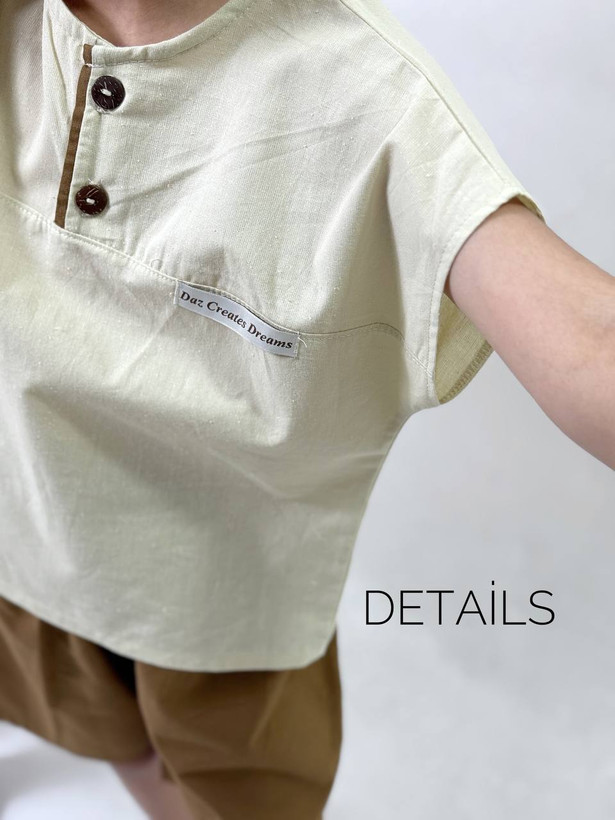 خرید تیشرت و شلوارک بچگانه لینن خنک | مناسب 1 تا 5 سال | رنگ قهوهای و استخوانی | بی بی ست