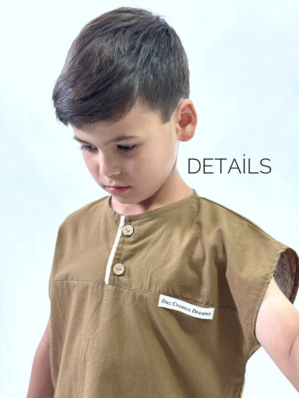 خرید تیشرت و شلوارک بچگانه لینن خنک | مناسب 1 تا 5 سال | رنگ قهوهای و استخوانی | بی بی ست