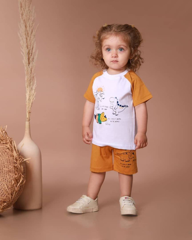 خرید ست تیشرت و شلوارک نخی نوزادی چاپ دایناسور | مناسب ۳ تا ۱۸ ماه | پارچه نرم و لطیف