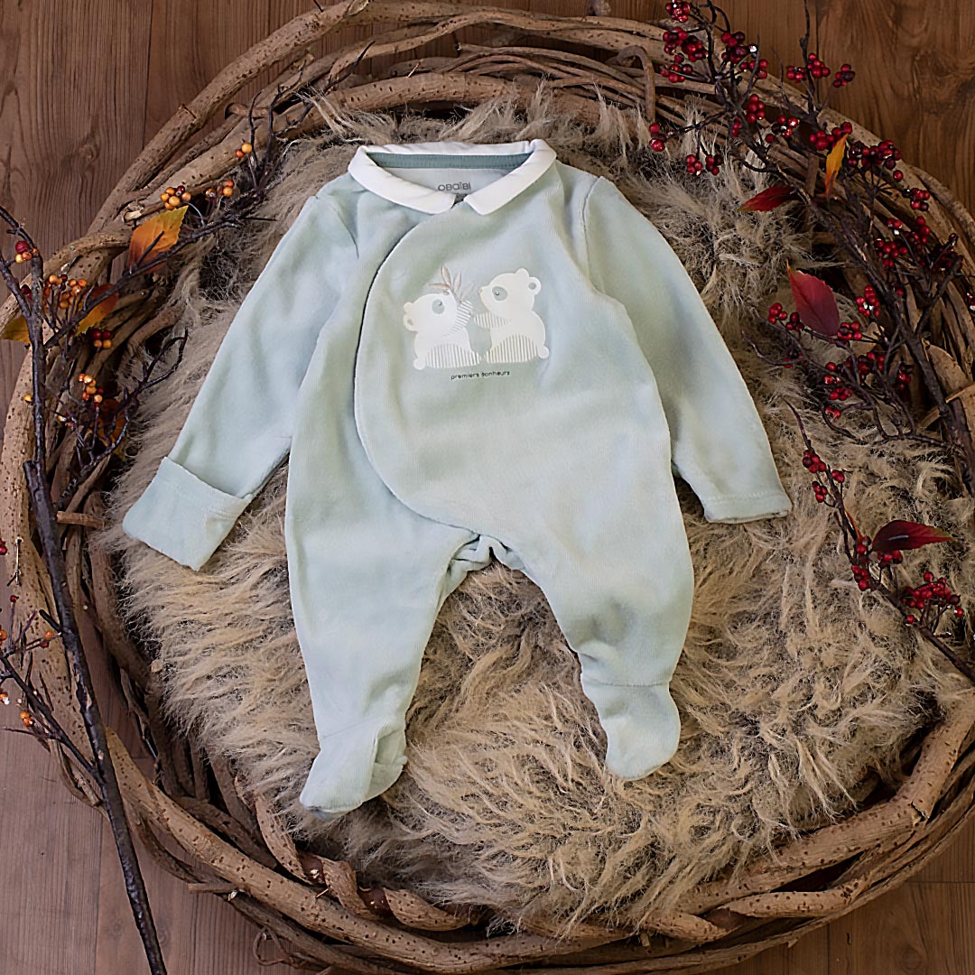 سرهمی نوزادی مخمل Okaidi-Obaibi | طرح خرس دوقلو | لباس نوزادی فرانسوی اصل | سایز 1m و 3m