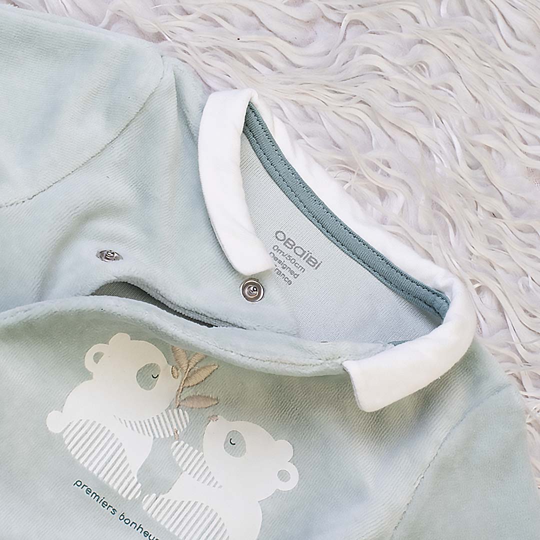 سرهمی نوزادی مخمل Okaidi-Obaibi | طرح خرس دوقلو | لباس نوزادی فرانسوی اصل | سایز 1m و 3m