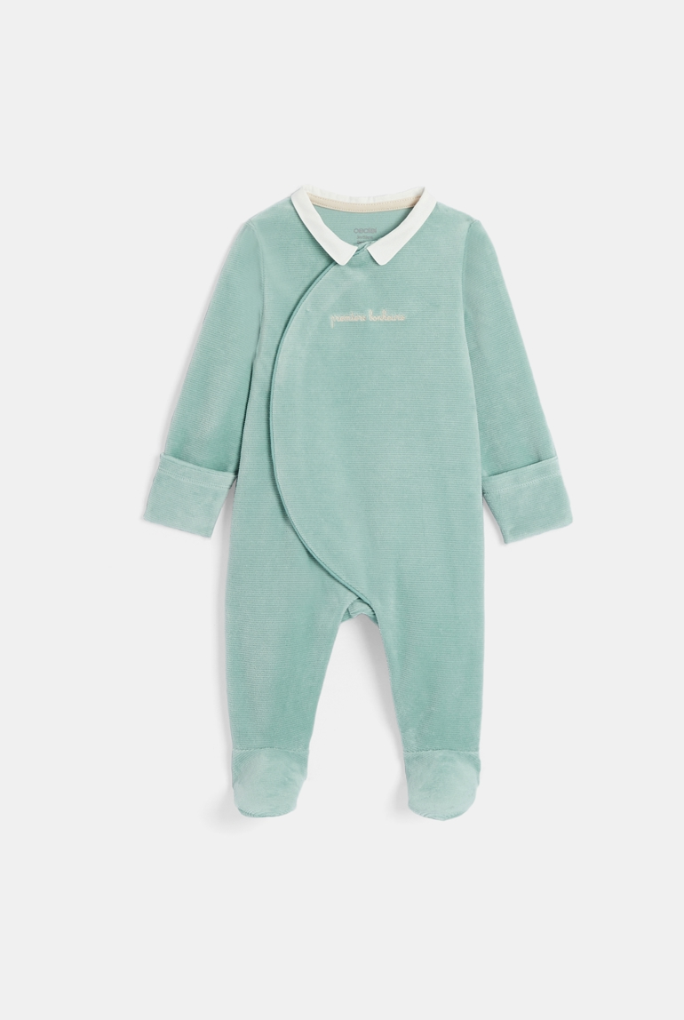 سرهمی نوزادی مخمل Okaidi-Obaibi | سبز سدری | لباس نوزادی فرانسوی اصل | سایز 6m