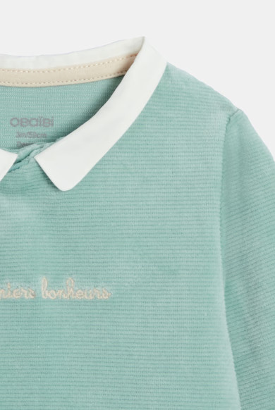 سرهمی نوزادی مخمل Okaidi-Obaibi | سبز سدری | لباس نوزادی فرانسوی اصل | سایز 6m