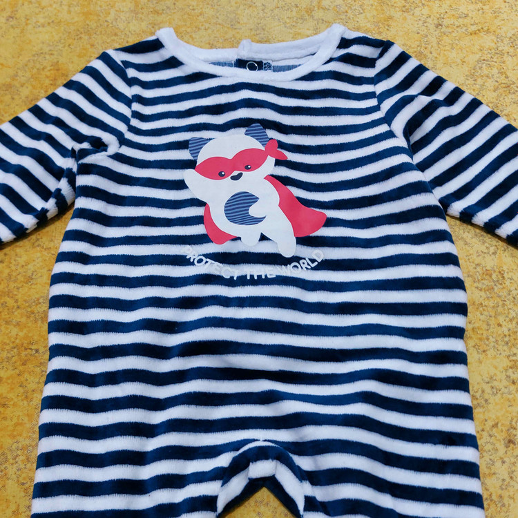 سرهمی نوزادی مخمل Okaidi-Obaibi | طرح راکون | لباس نوزادی فرانسوی اصل | سایز 1m