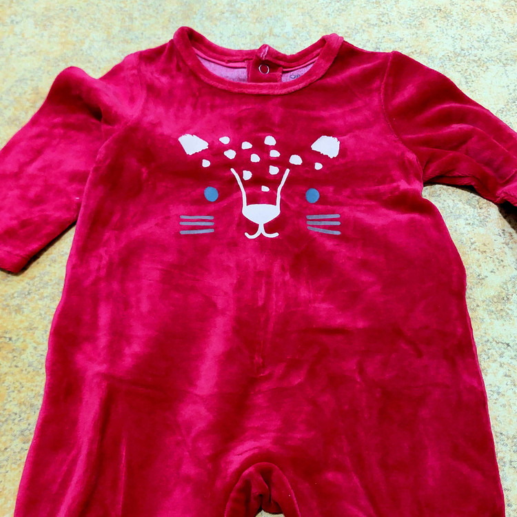 سرهمی نوزادی مخمل Okaidi-Obaibi | طرح پلنگ | لباس نوزادی فرانسوی اصل | سایز 6m