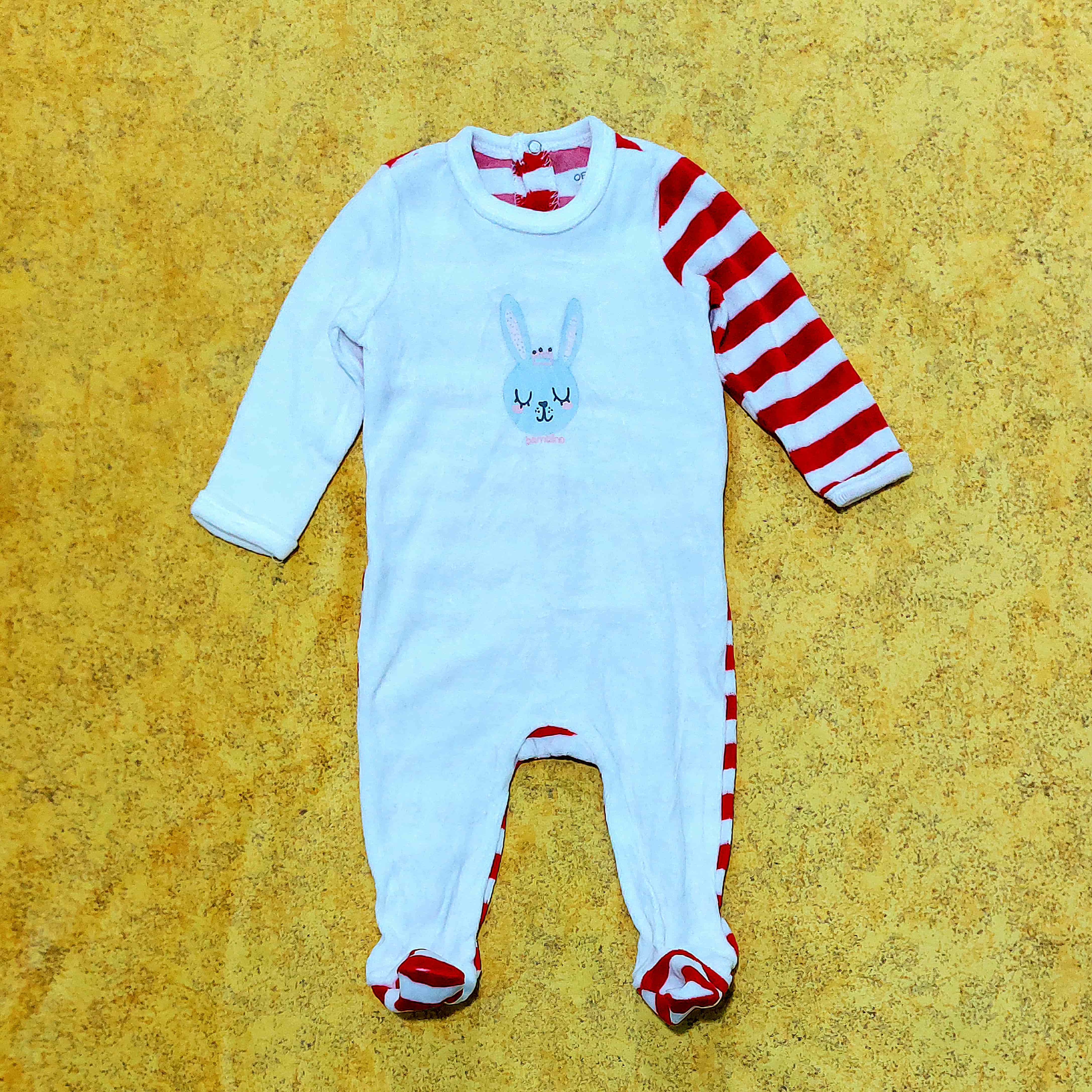 سرهمی نوزادی مخمل Okaidi-Obaibi | طرح خرگوش راه راه | لباس نوزادی فرانسوی اصل | سایز 3m