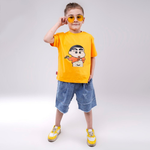 خرید ست پسرانه تیشرت و شلوارک جین | طرح خپلی | تیشرت پنبه و شلوارک جین | سایز 35 و 40