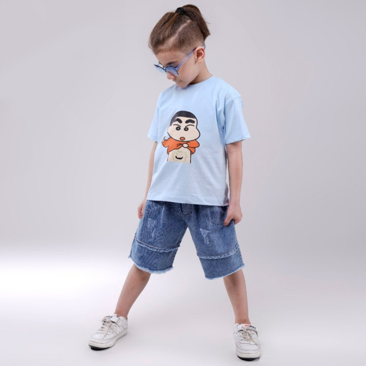 خرید ست پسرانه تیشرت و شلوارک جین | طرح خپلی | تیشرت پنبه و شلوارک جین | سایز 35 و 40